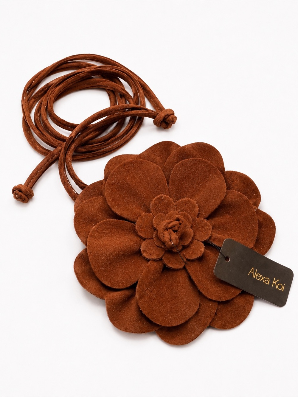 Alexa Koi Faux Suede Saddle Brown 3D Flower Wrap Belt – 86” Boho Statement Belt